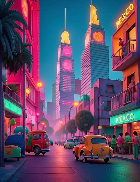 Ciudad mexicana futurista con luces de neón rosa