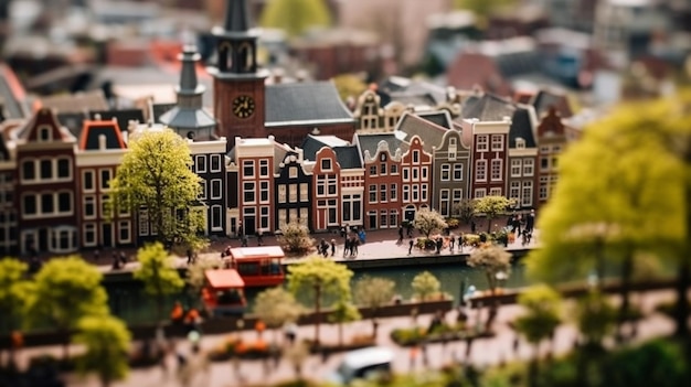 Una ciudad en miniatura con un canal y edificios.