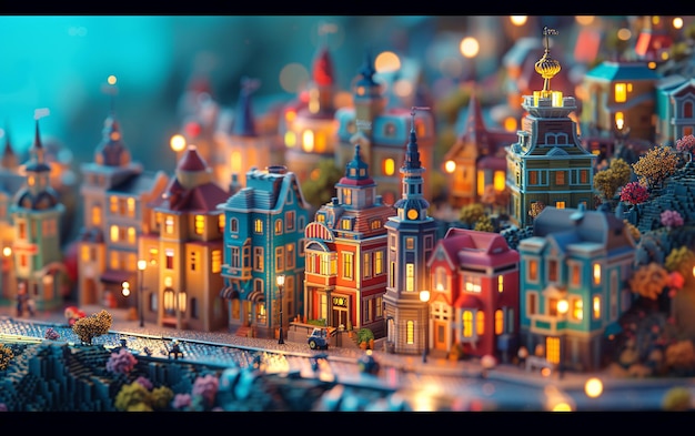 ciudad en miniatura de mosaico de píxeles en un fondo colorido