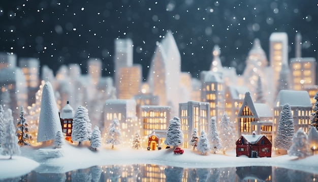 Ciudad miniatura de Navidad pequeño pueblo modelo iluminado Escena de acogedoras casas festivas nevadas edificios de juguete luces de noche bokeh lindas decoraciones de linternas árboles cubiertos de nieve blanca Año Nuevo