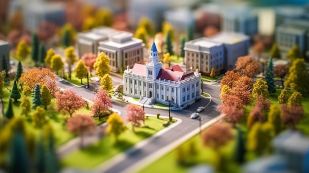 Una ciudad en miniatura con un pequeño pueblo al fondo.