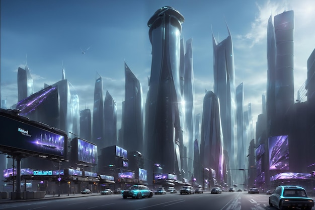 ciudad moderna de ciencia ficción del futuro con cartelera realista