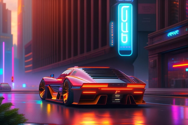 Ciudad moderna y coche deportivo Coche de pie en una carretera futurista e ilustración Cyberpunk de la ciudad nocturna