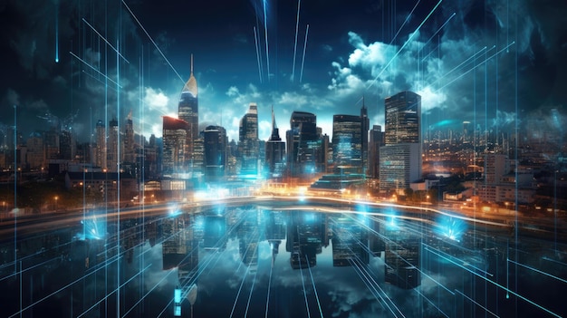 Ciudad moderna con conexión de red inalámbrica y tecnología de comunicación Concepto de innovación de datos
