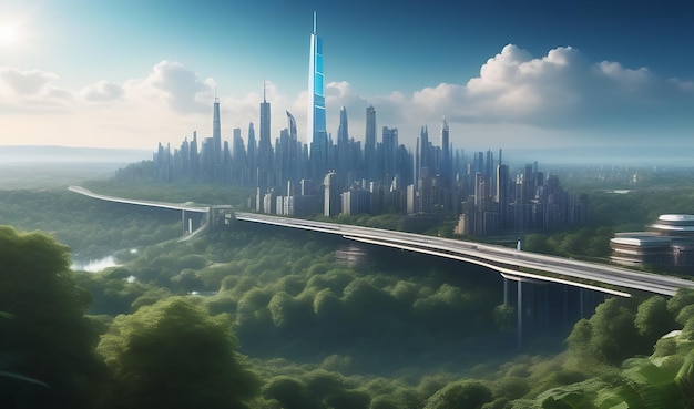 La ciudad moderna del futuro con naturaleza verde en torno al concepto de ecología urbana ecológica