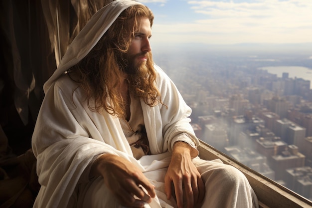 Ciudad moderna mesías jesús cristo en el corazón de hoy bullicioso paisaje metropolitano un símbolo de la espiritualidad en medio de la vida urbana contemporánea