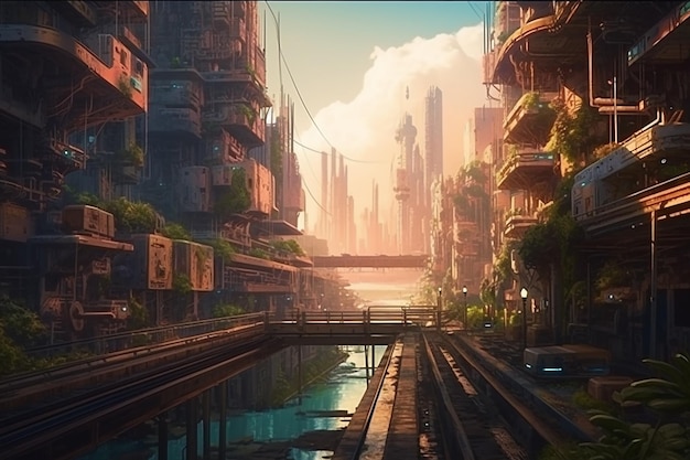 Ciudad moderna sobre crecida por la naturaleza con paisaje cyberpunk