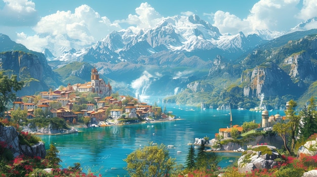 Una ciudad montañosa edificios un telón de fondo de fantasía una ilustración de libro un teló de fondo de videojuego pintura digital seria un paisaje obra de arte CG