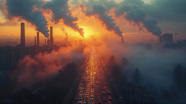 Una ciudad con mucho humo y coches en una carretera