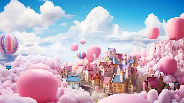 Una ciudad con muchos globos en el cielo.