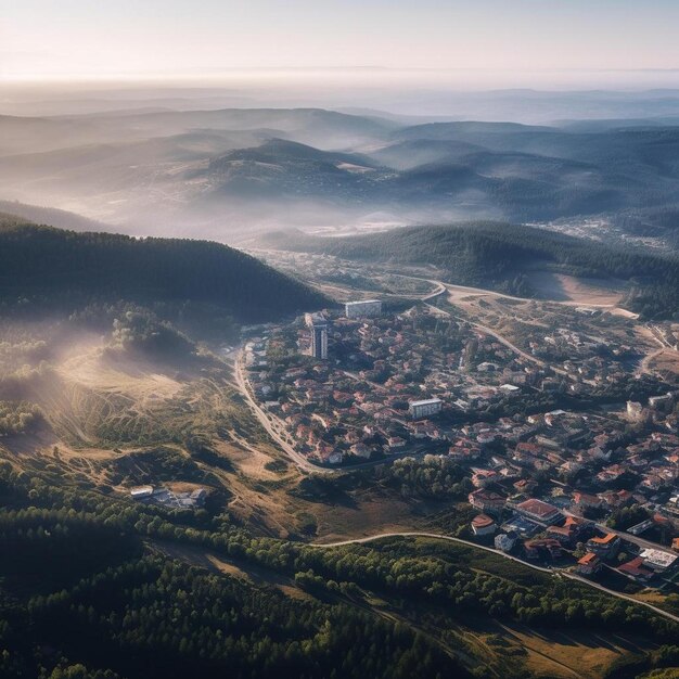 Foto una ciudad se muestra desde el cielo con el sol brillando en el suelo