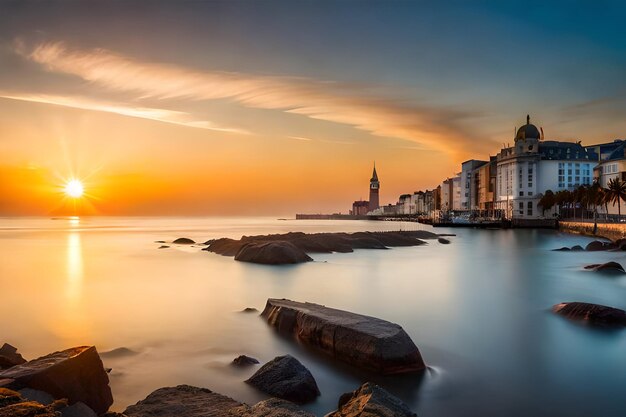 Foto una ciudad se muestra con una puesta de sol en el fondo