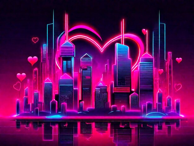 Ciudad de neón con corazones y luces abstractas en un fondo oscuro