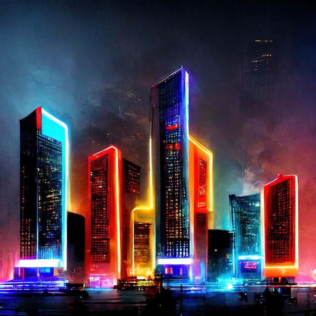 Ciudad de neón del futuro Panorama de las luces de neón de la ciudad nocturna de una gran metrópolis Ilustración 3D Arte conceptual