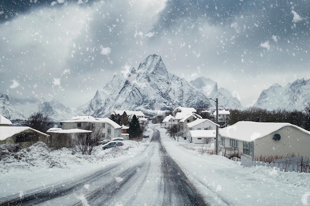 Ciudad nevada rorbuer con ventisca nevando en el camino en el pueblo