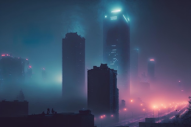 Una ciudad de niebla en el entorno urbano nocturno
