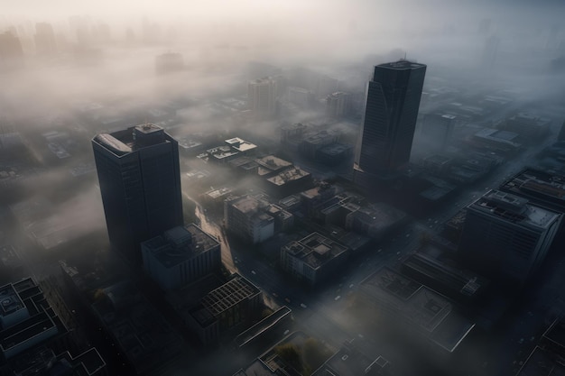 Una ciudad en la niebla, desde lo alto de un edificio