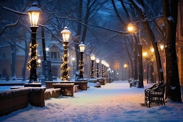 La ciudad en la nieve Las calles tranquilas bañadas en la cálida luz urbana