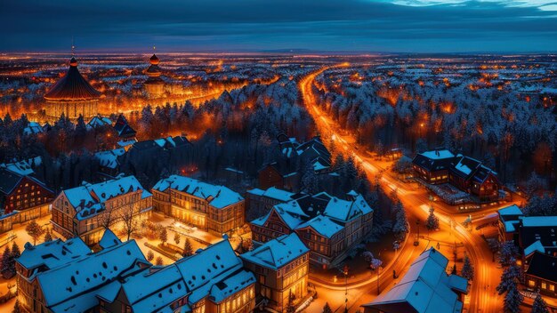 Una ciudad en la nieve por la noche.