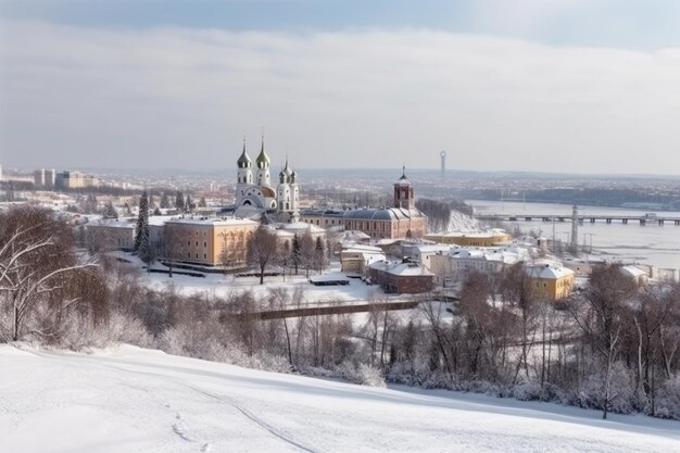 Una ciudad en la nieve con vistas a la ciudad de st. petersburgo en el fondo