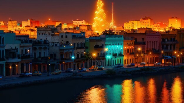 Una ciudad de noche con un árbol de navidad en primer plano