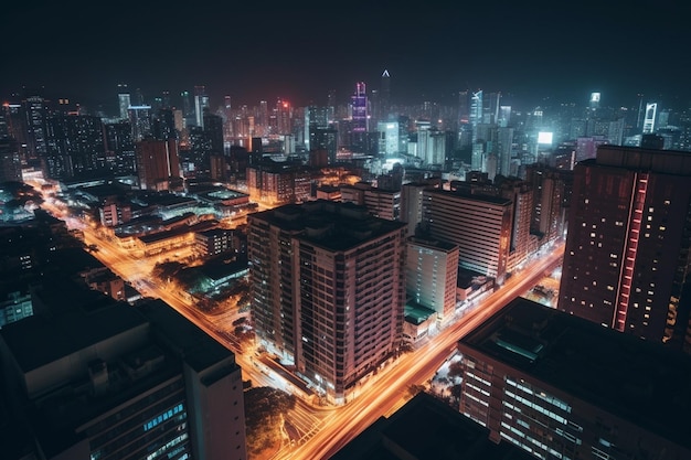 Ciudad de noche con arquitectura y luces vibrantes