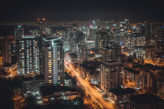 Ciudad de noche con arquitectura y luces vibrantes