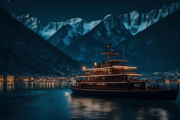 Una ciudad por la noche con un barco y una montaña en el fondo