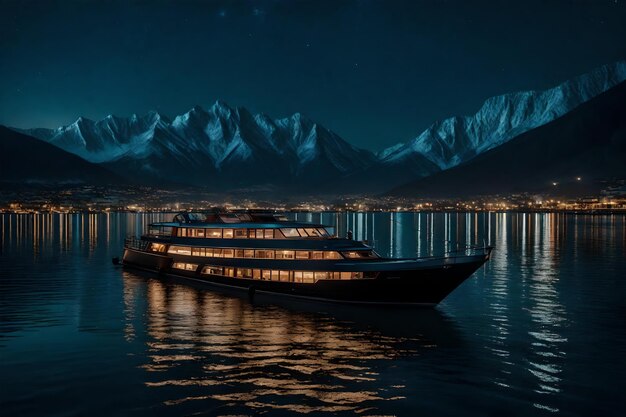 Una ciudad por la noche con un barco y una montaña en el fondo