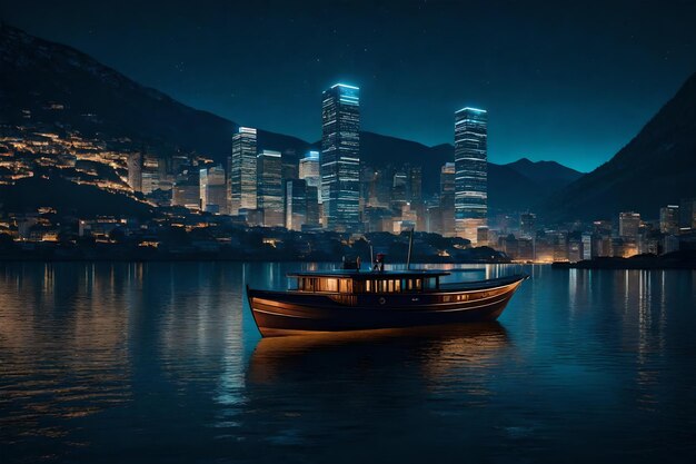 Una ciudad por la noche con un barco y una montaña en el fondo