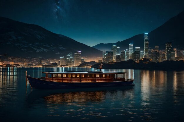 Foto una ciudad por la noche con un barco y una montaña en el fondo