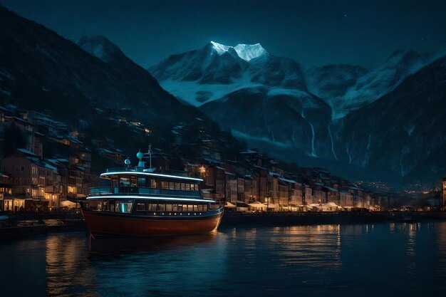 Una ciudad por la noche con un barco y una montaña en el fondo