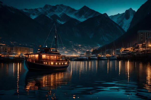 Foto una ciudad por la noche con un barco y una montaña en el fondo