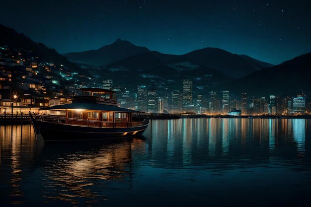 Foto una ciudad por la noche con un barco y una montaña en el fondo