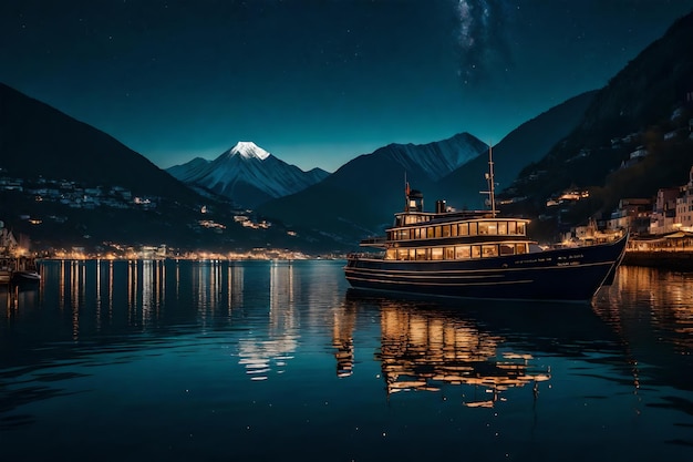 Foto una ciudad por la noche con un barco y una montaña en el fondo