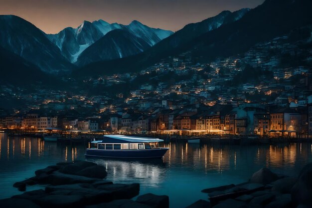 Foto una ciudad por la noche con un barco y una montaña en el fondo