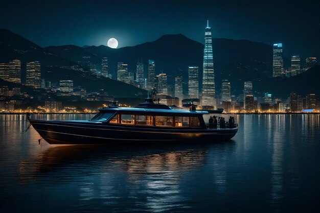 Foto una ciudad por la noche con un barco y una montaña en el fondo