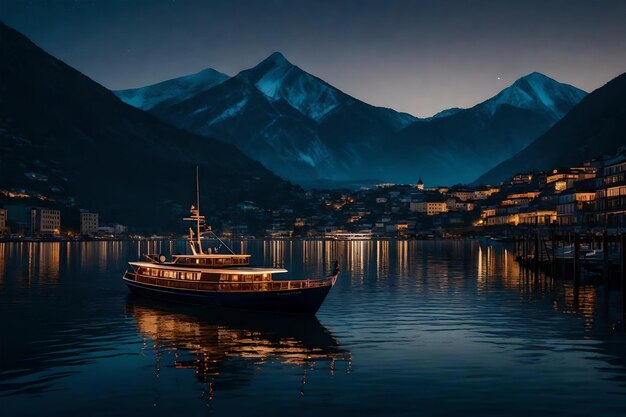 Una ciudad por la noche con un barco y una montaña en el fondo