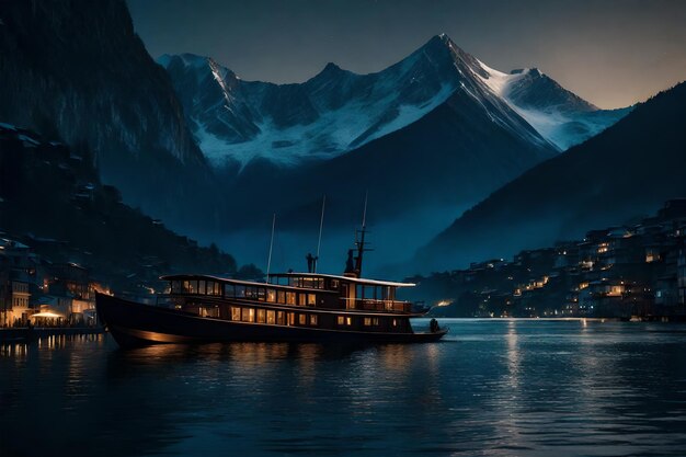 Foto una ciudad por la noche con un barco y una montaña en el fondo