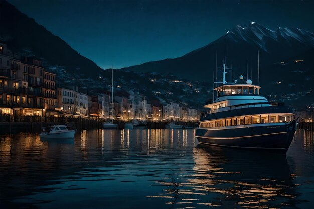 Foto una ciudad por la noche con un barco y una montaña en el fondo