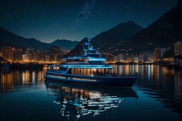 Foto una ciudad por la noche con un barco y una montaña en el fondo