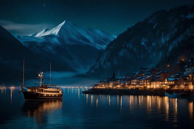 Foto una ciudad por la noche con un barco y una montaña en el fondo