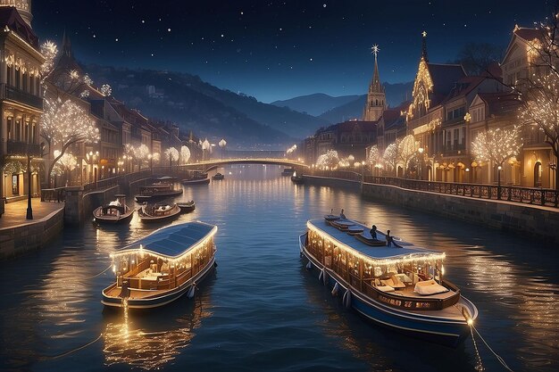 una ciudad por la noche con barcos y un puente en el fondo