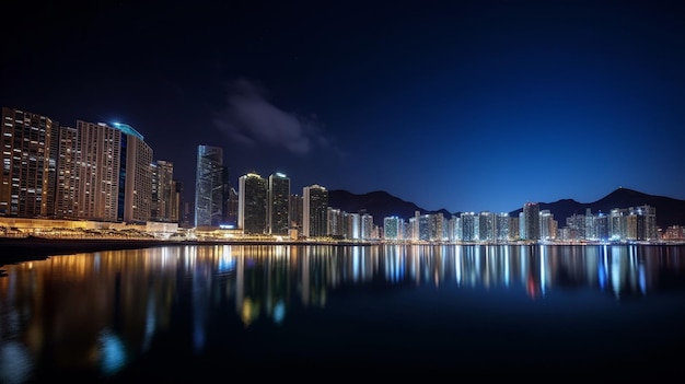 Una ciudad de noche con un cielo despejado y el reflejo de una montaña en el agua.