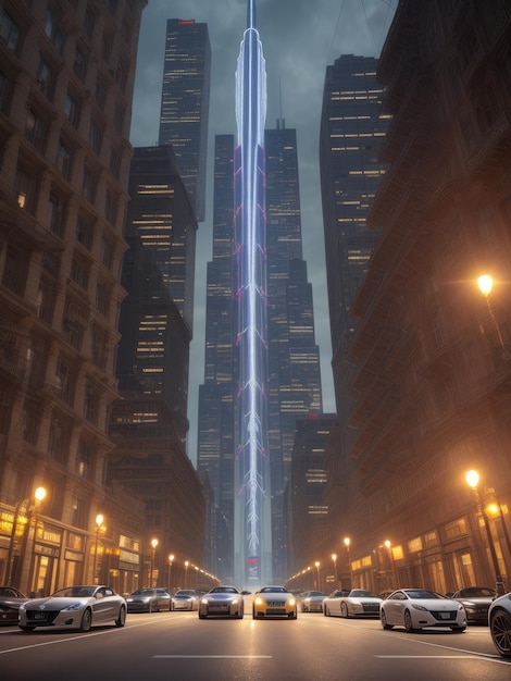 Una ciudad en la noche con un edificio al fondo.