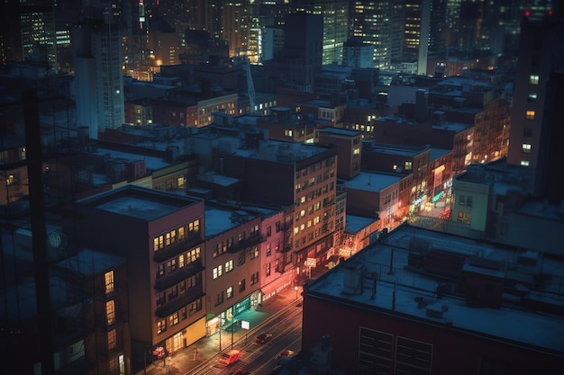 Una ciudad de noche con una escena callejera y un edificio.