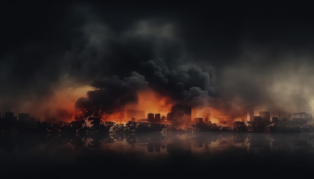 La ciudad por la noche está envuelta en llamas y el fuego y el humo están ardiendo