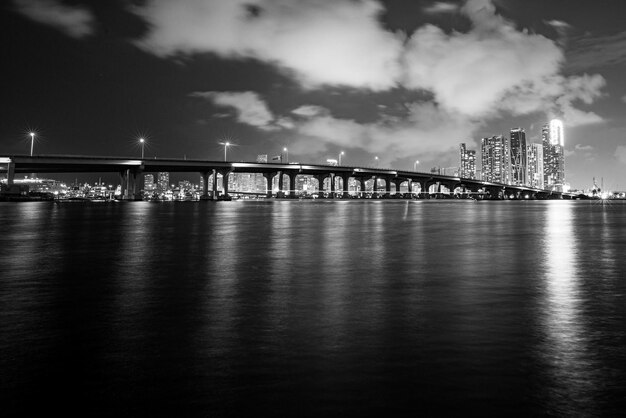 Ciudad de la noche de Florida Miami. Paisaje de rascacielos del centro de Estados Unidos, ciudad crepuscular.