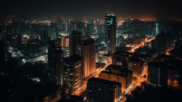 Una ciudad de noche con un fondo de cielo oscuro