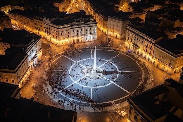 una ciudad por la noche con un gran reloj en la parte superior